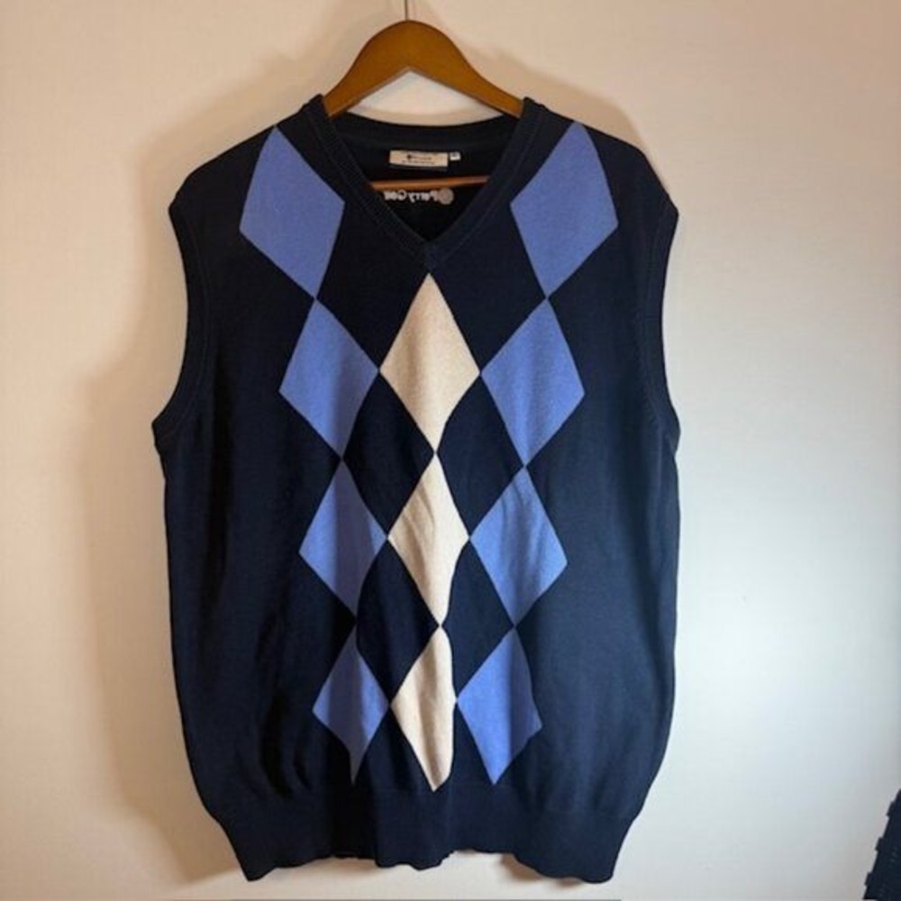 Perry Golf by Glenmuir Argyle Sweater Vest Navy Blue Cotton V-Neck XL Men